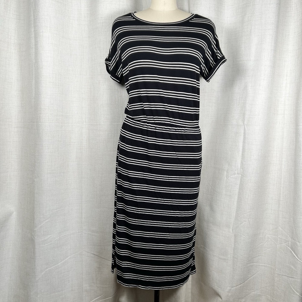 NEW! Banana Republic Striped‎ Jersey Midi Dress Black White Petite Medium PM $70